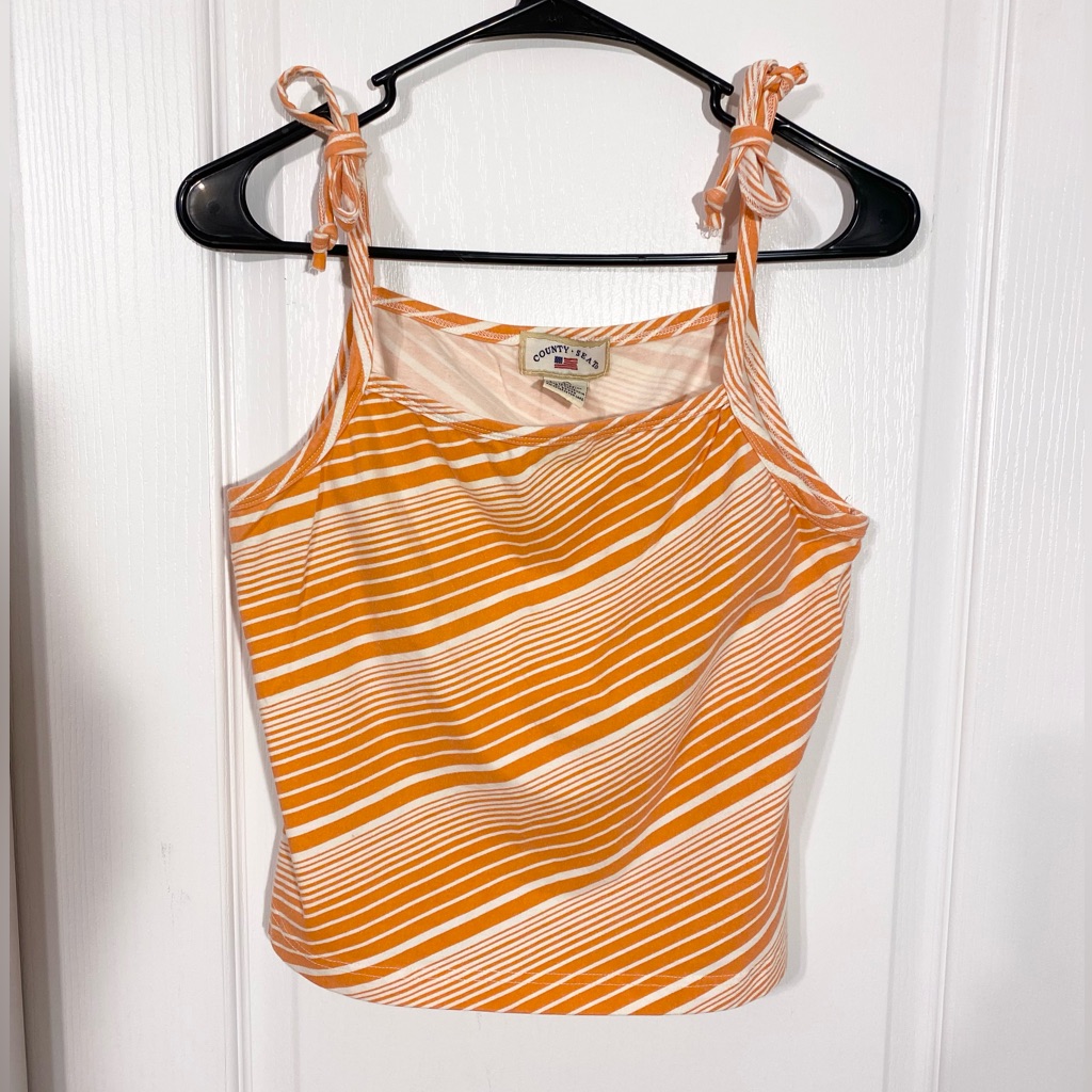 90s County Seat Tie Strap Diagonal Stripe Crop Top Vintage Orange White Large